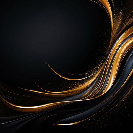 Gold black background abstract wave line for wallpaper on website. Light golden metal texture or shiny metallic gradient with Generative AI.の素材