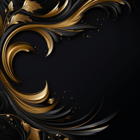 Gold black background abstract wave line for wallpaper on website. Light golden metal texture or shiny metallic gradient with Generative AI.の素材