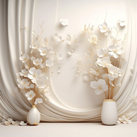 White flowers isolated on White background abstract for display product. Empty podium Bouquet wedding with Generative Ai.の素材