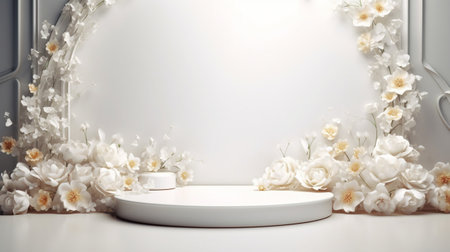 White flowers isolated on White background abstract for display product. Empty podium Bouquet wedding with Generative Ai.の素材