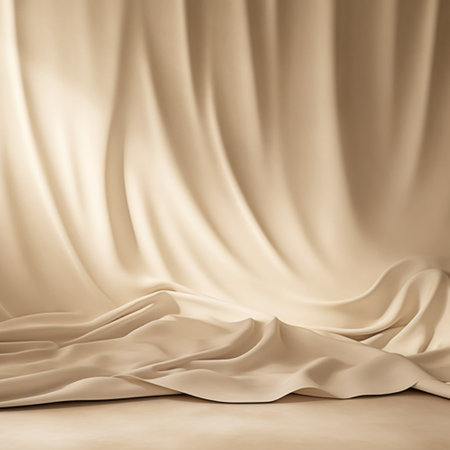 Empty curtains isolated on beige background. Mock up Product display podium with Generative Ai.の素材