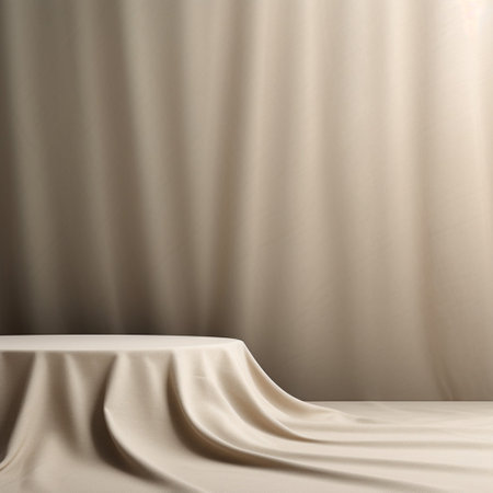 Empty curtains stage light on beige background texture. Mock up Product display podium with Generative Ai.の素材
