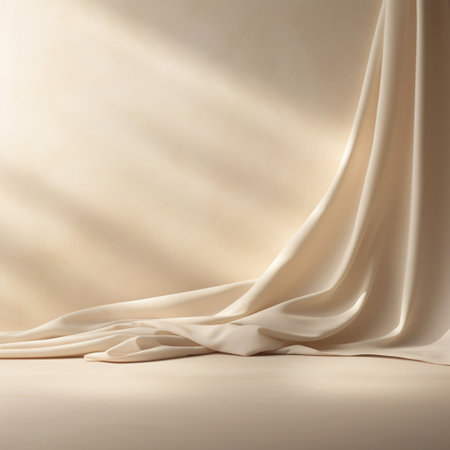 Empty curtains stage light on beige background texture. Mock up Product display podium with Generative Ai.の素材