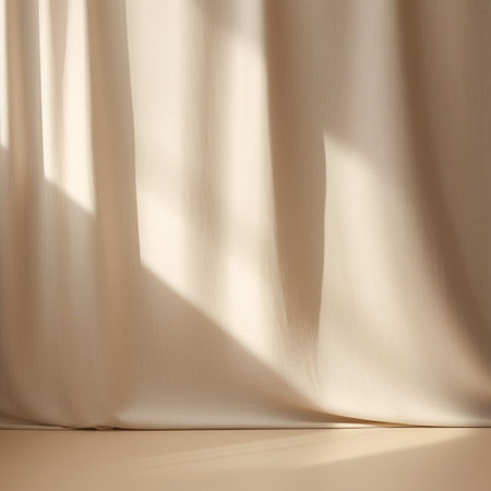 Empty curtains stage light on beige background texture. Mock up Product display podium with Generative Ai.の素材