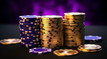 Poker chips stacked on purple black background. Online casino game concept.の素材