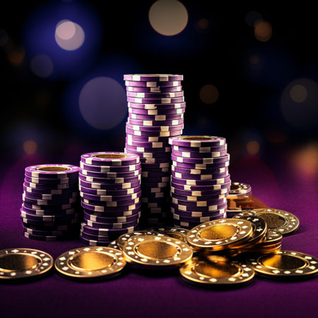 Poker chips stacked on purple black background. Online casino game concept.の素材