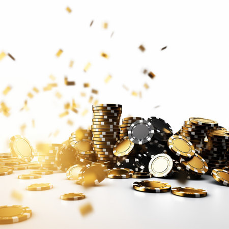 Poker chips falling on white background. Online casino game concept.の素材
