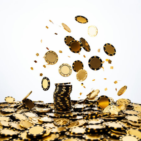 Poker chips falling on white background. Online casino game concept.の素材