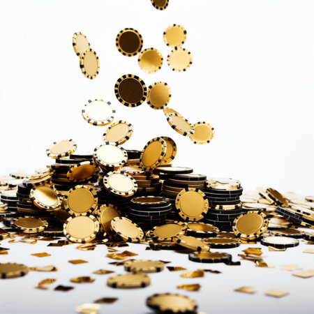Poker chips falling on white background. Online casino game concept.の素材