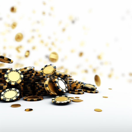 Poker chips falling on white background. Online casino game concept.の素材