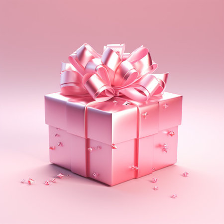 Gift box pink background with ribbon bow for love valentine's day. Christmas Happy New Year.の素材