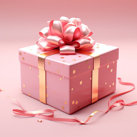 Gift box pink background with ribbon bow for love valentine's day. Christmas Happy New Year.の素材