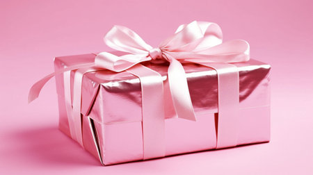 Gift box pink background with ribbon bow for love valentine's day. Christmas Happy New Year.の素材