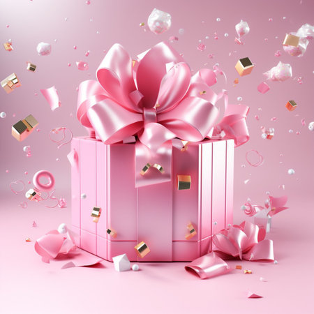 Gift box pink background with ribbon bow for love valentine's day. Christmas Happy New Year.の素材