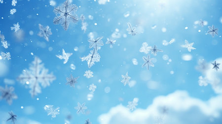 Christmas tree with illumination and snow background. Snowfall sky clouds blue with Generative Ai.の素材