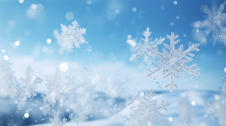 Christmas tree with illumination and snow background. Snowfall sky clouds blue with Generative Ai.の素材