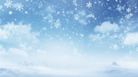 Christmas tree with illumination and snow background. Snowfall sky clouds blue with Generative Ai.の素材