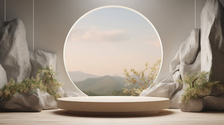 Rock stone podium background for display product, cosmetic mockup. Generative Ai.の素材