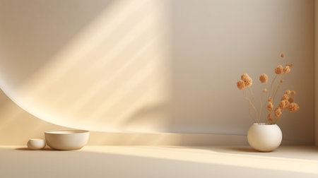 Empty stage light on beige background. Mock up Product display podium with Generative Ai.の素材