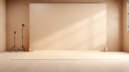 Empty stage light on beige background. Mock up Product display podium with Generative Ai.の素材