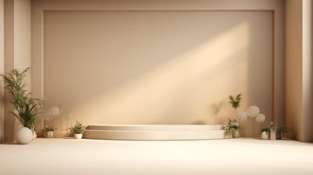 Empty stage light on beige background. Mock up Product display podium with Generative Ai.の素材