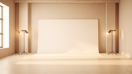 Empty stage light on beige background. Mock up Product display podium with Generative Ai.の素材