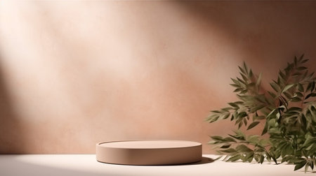 Empty room background beige with Generative Ai. Podium product display.の素材