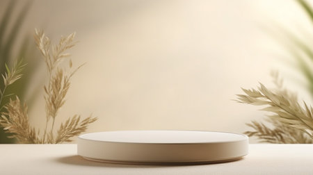 Empty room background beige with Generative Ai. Podium product display.の素材
