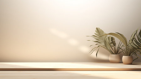 Empty room background beige with Generative Ai. Podium product display.の素材