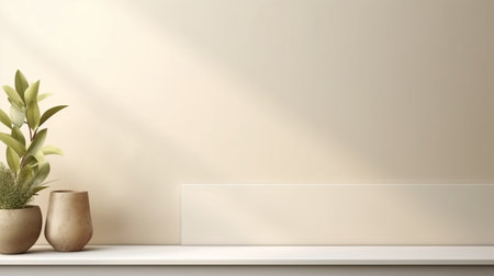 Empty room background beige with Generative Ai. Podium product display.の素材
