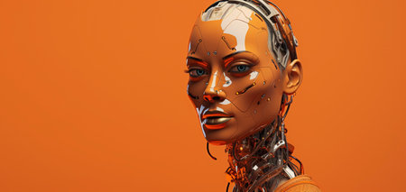 Girl character design. Cyborg woman look AI orange background with Generative Ai.の素材