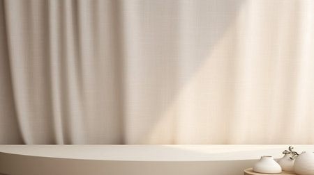 Abstract curtains interior design. Light beige podium background with Generative Ai.の素材