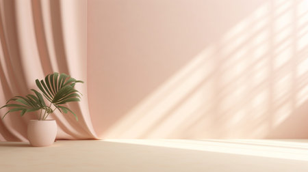 Abstract curtains interior design. Light beige podium background with Generative Ai.の素材