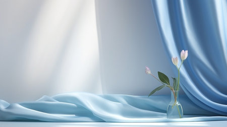 Abstract curtains interior design. Light beige podium background with Generative Ai.の素材