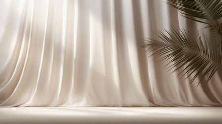 Abstract curtains interior design. Light beige podium background with Generative Ai.の素材