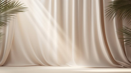 Abstract curtains interior design. Light beige podium background with Generative Ai.の素材