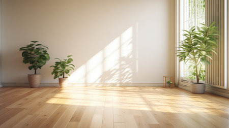 Room interior empty living room background with sunlight and shadows. Mockup wood table and parquet floor with Generative Ai.の素材