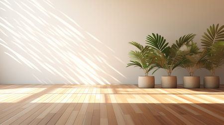 Room interior empty living room background with sunlight and shadows. Mockup wood table and parquet floor with Generative Ai.の素材