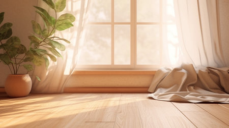 Room interior empty living room background with sunlight and shadows. Mockup wood table and parquet floor with Generative Ai.の素材