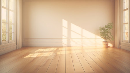 Room interior empty living room background with sunlight and shadows. Mockup wood table and parquet floor with Generative Ai.の素材