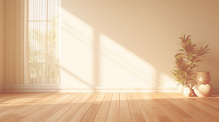 Room interior empty living room background with sunlight and shadows. Mockup wood table and parquet floor with Generative Ai.の素材