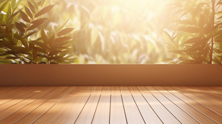 Room interior empty living room background with sunlight and shadows. Mockup wood table and parquet floor with Generative Ai.の素材