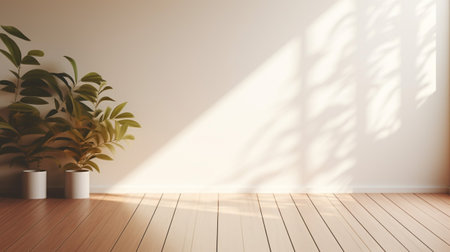 Room interior empty living room background with sunlight and shadows. Mockup wood table and parquet floor with Generative Ai.の素材