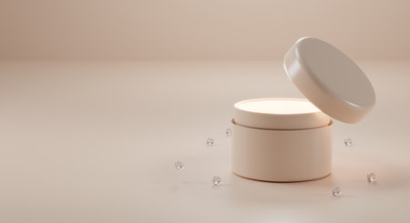 Cosmetic cream mock up banner. Realistic 3d render of beauty skincare product package on beige background.の写真素材