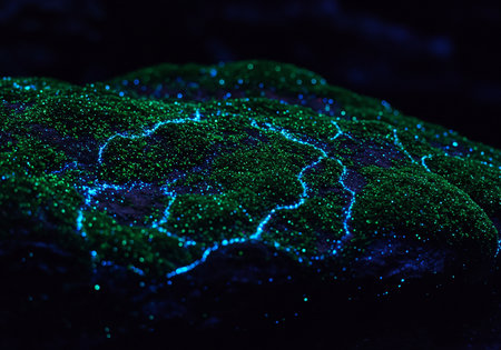 Abstract background with green glowing particles. 3D rendering. Neon lights.の素材