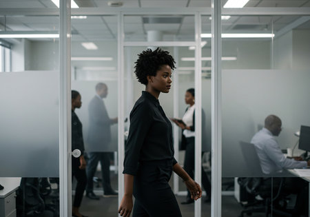 Side view of african american businesswoman walking in office with colleagues in the backgroundの素材