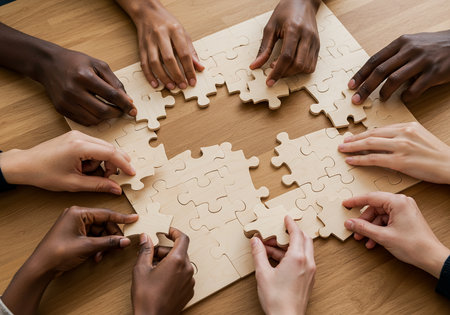 Top view of multicultural businesspeople joining jigsaw puzzle pieces at tableの素材