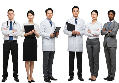 Group of asian doctors and nurses standing in a row isolated over white backgroundの素材