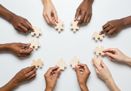Top view of multiethnic people holding jigsaw puzzle pieces on white backgroundの素材
