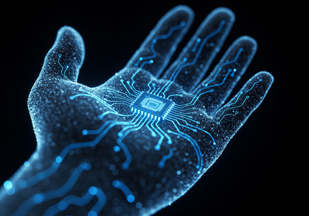 Futuristic hand with glowing microchip on dark background 3D renderingの素材